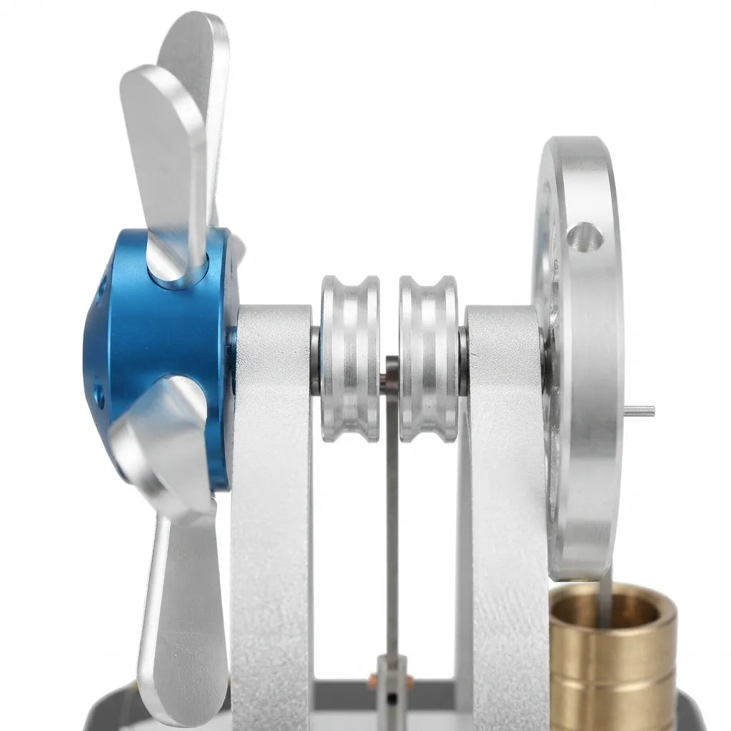 Macro detail shot of the 102mm blue air-cooling fan and precision flywheel assembly