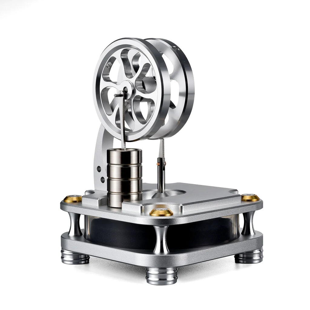 Front view of the D16-C low-temperature Stirling engine desk toy on a white background