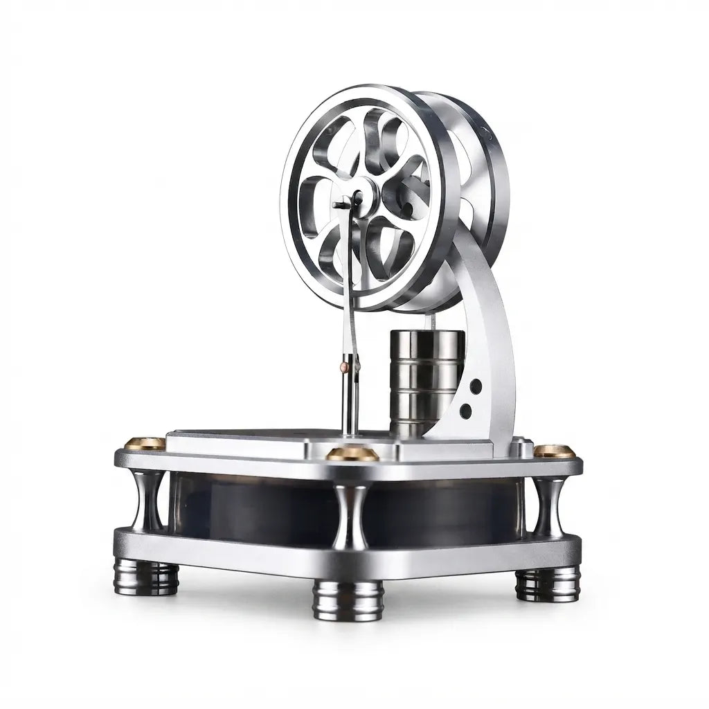 Side profile view of the D16-C Stirling engine showing the flywheel and displacement cylinder