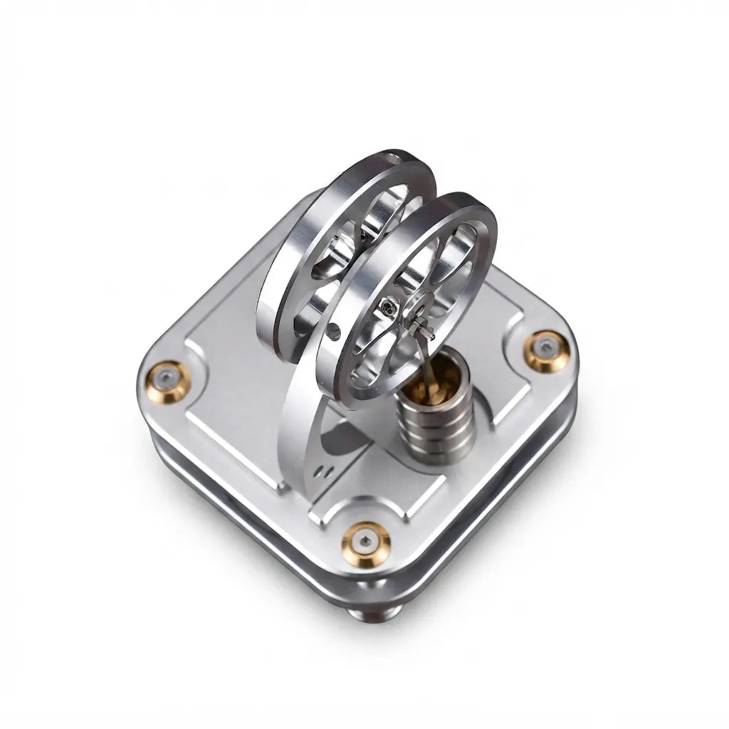 Top-down perspective of the D16-C Stirling engine highlighting the precision bearing steel wheel