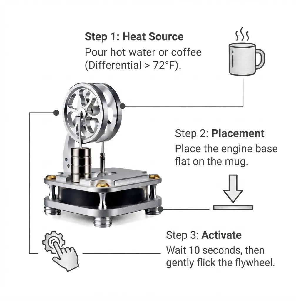 Step-by-step instruction guide showing how the heat-powered D16-C Stirling engine works
