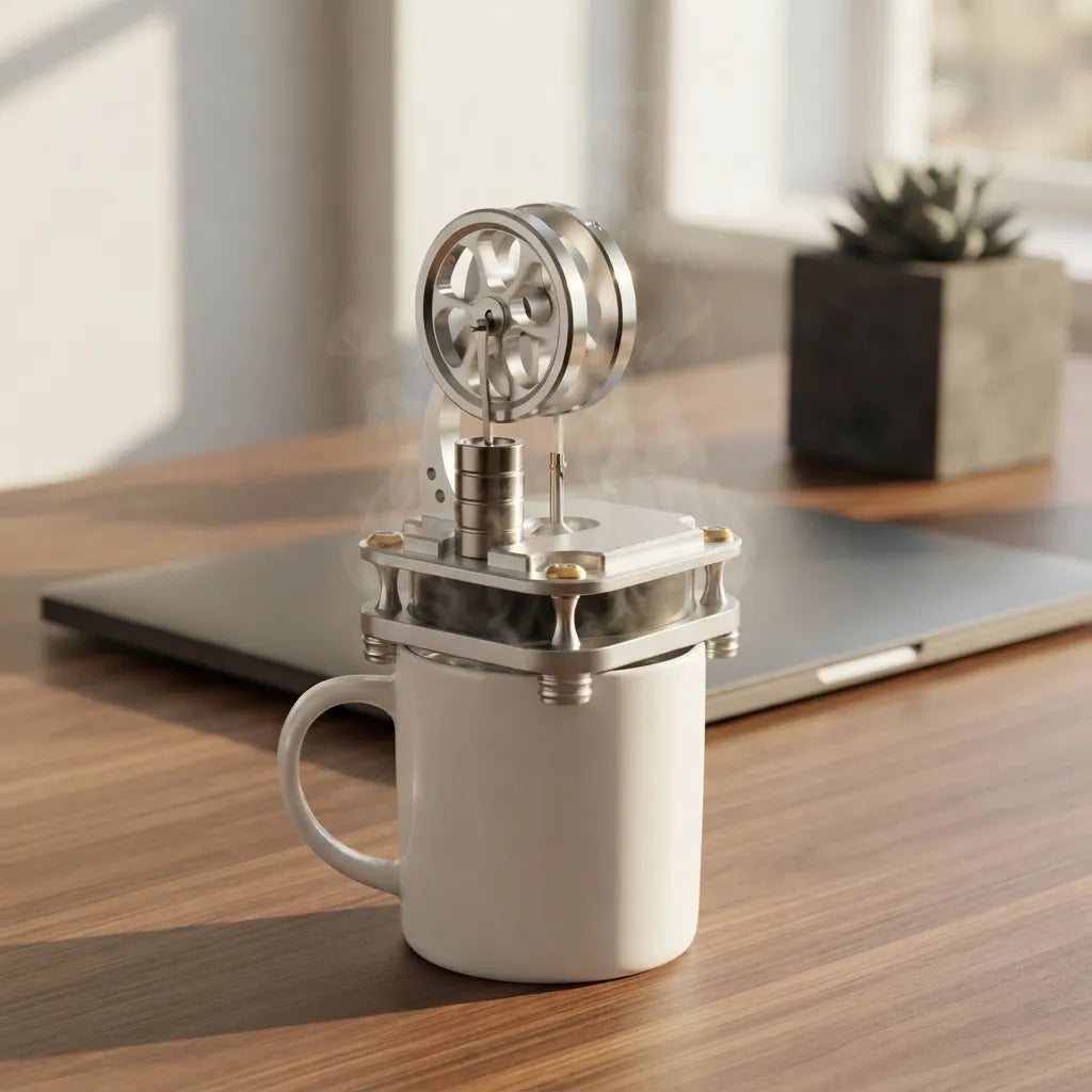 D16-C low-temperature Stirling engine operating on a hot coffee mug on a wooden office desk
