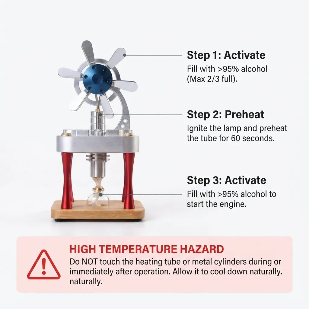 Step-by-step operation guide and high temperature safety warning for the M16-CF Stirling engine