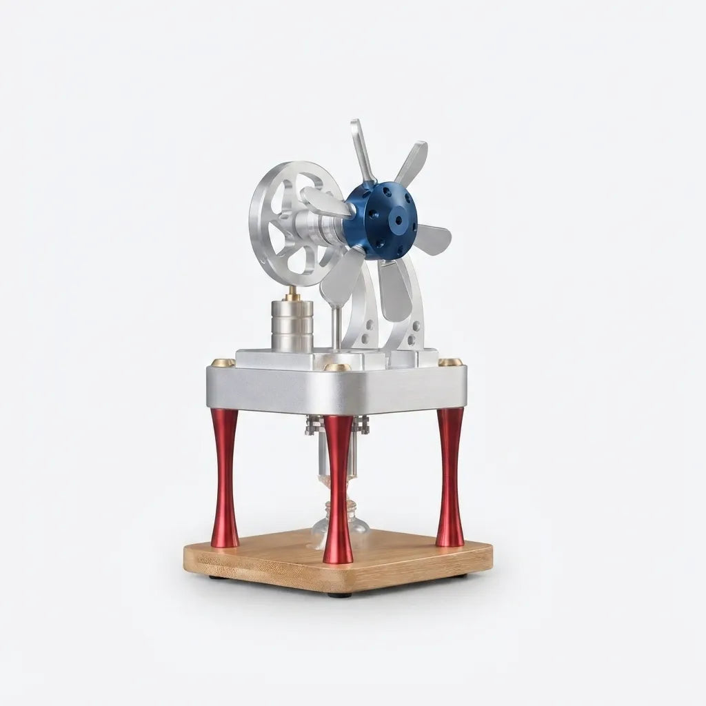 Rear-right angle view showing the mechanical flywheel structure of the M16-CF Stirling engine