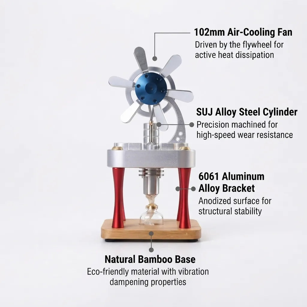 Material specifications infographic of the M16-CF Stirling engine showing aluminum bracket and bamboo base