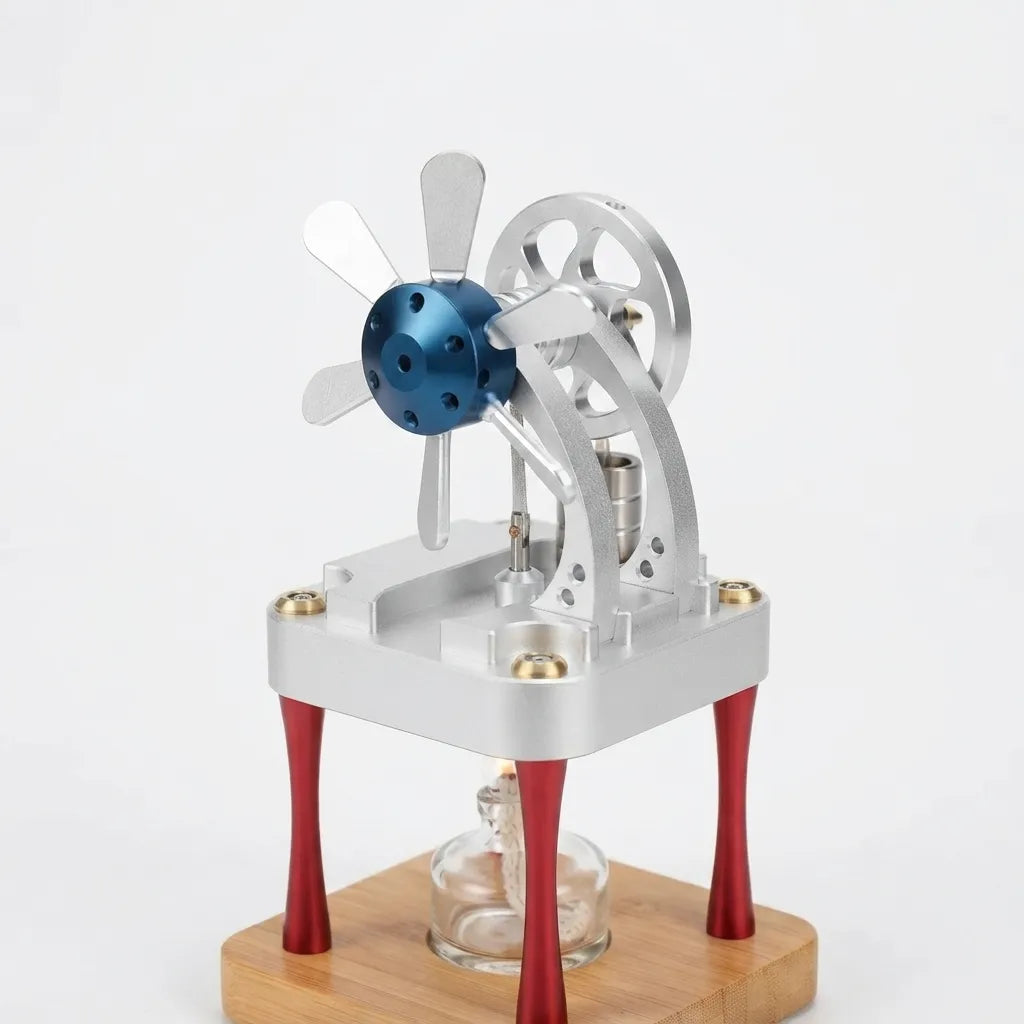 High-angle top-down view of the M16-CF air-cooled metal Stirling engine
