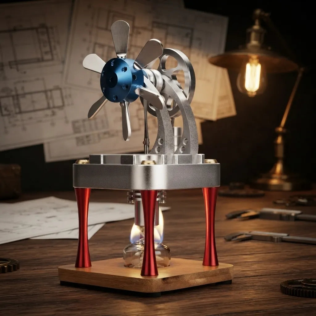M16-CF Stirling engine operating with a lit alcohol lamp on a vintage engineer desk with blueprints