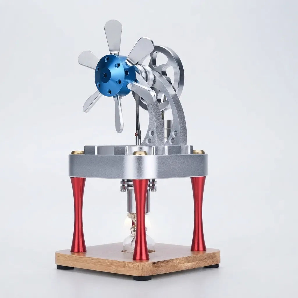 Front-left angle view of the M16-CF vertical air-cooled Stirling engine model on a white background