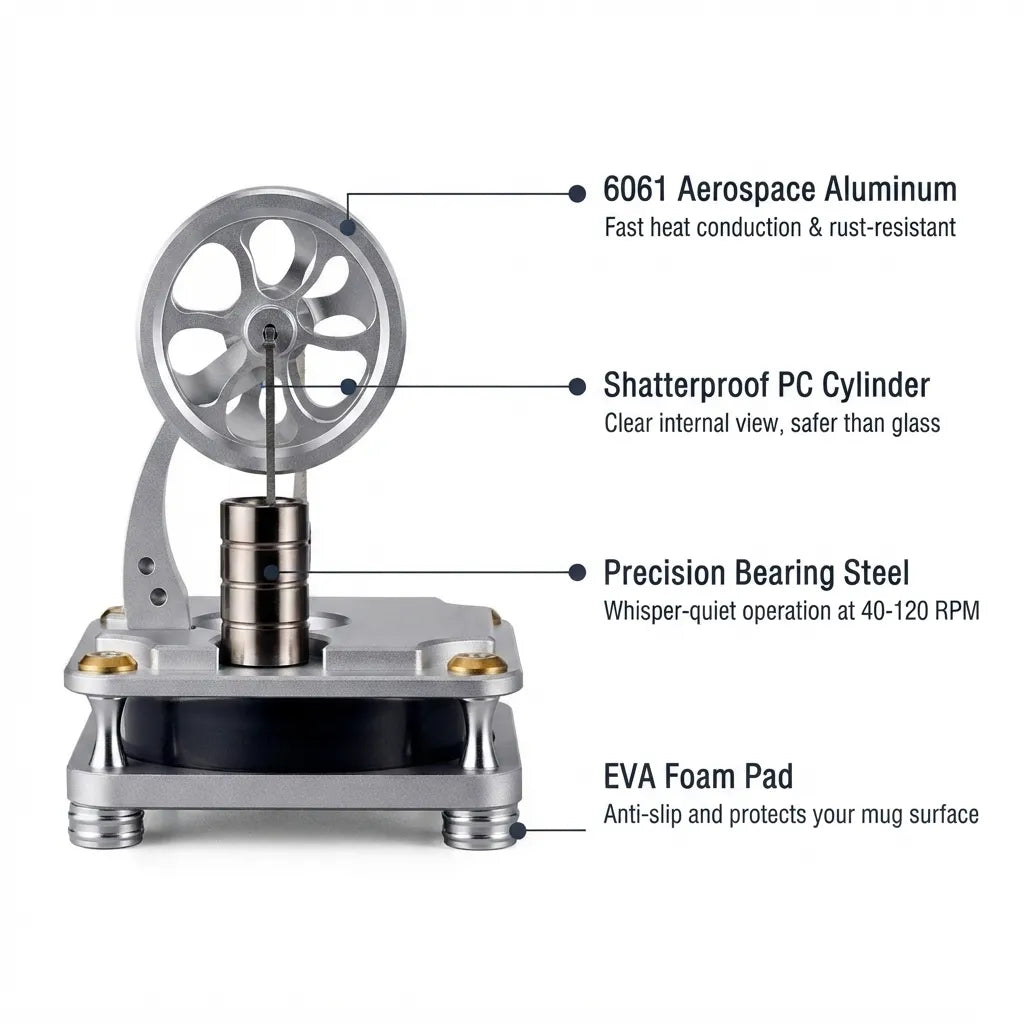 Material specifications and features infographic of the D16-C Stirling engine including aerospace aluminum